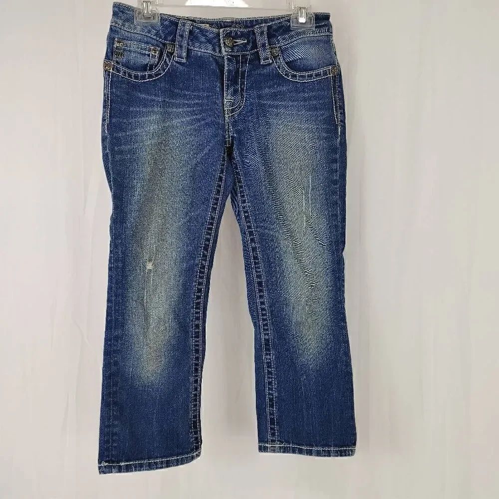 Miss Me Womens Crop Jeans Blue Denim Distressed Thick Stitches Size 27 - EUC!. J